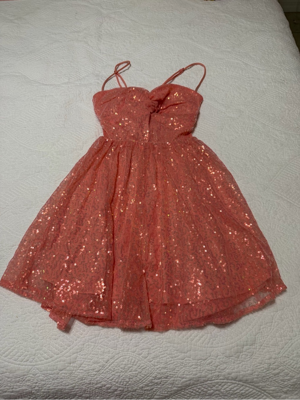 Lucy in the Sky Coral Sequin Spaghetti Strap Prom Dress